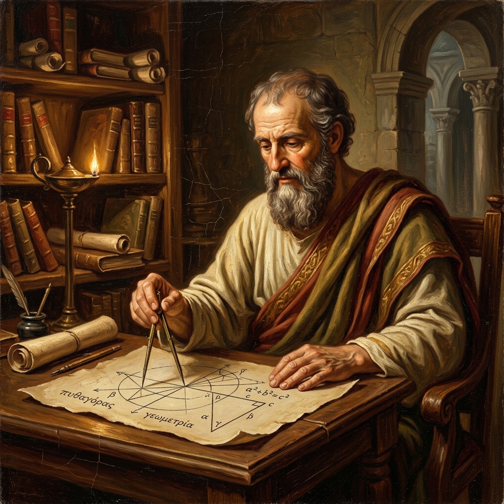 Pythagoras studying geometry in toga